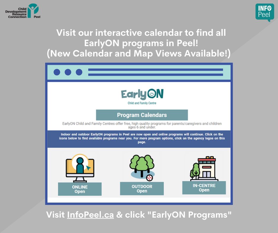 CDRCP's tweet photo. If you are a parent or caregiver looking for Early Years Programs for children ages 0-6 years, visit out Interactive Calendar at https://t.co/6vT9j42aeP and click "EarlyON Programs".

#Child #Children #EarlyYears #EarlyON #InfoPeel https://t.co/foZRPkLt9H
