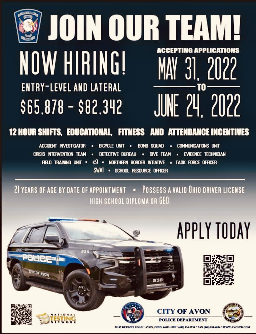 WE’RE HIRING! 

Have you ever thought of what it would be like to be able to be an Avon Police Officer?

Here’s you’re chance, Avon Police Department is hiring.

Give them a look see. 

Avon, OH Police
#police  #policeofficer #cops #nowhiring