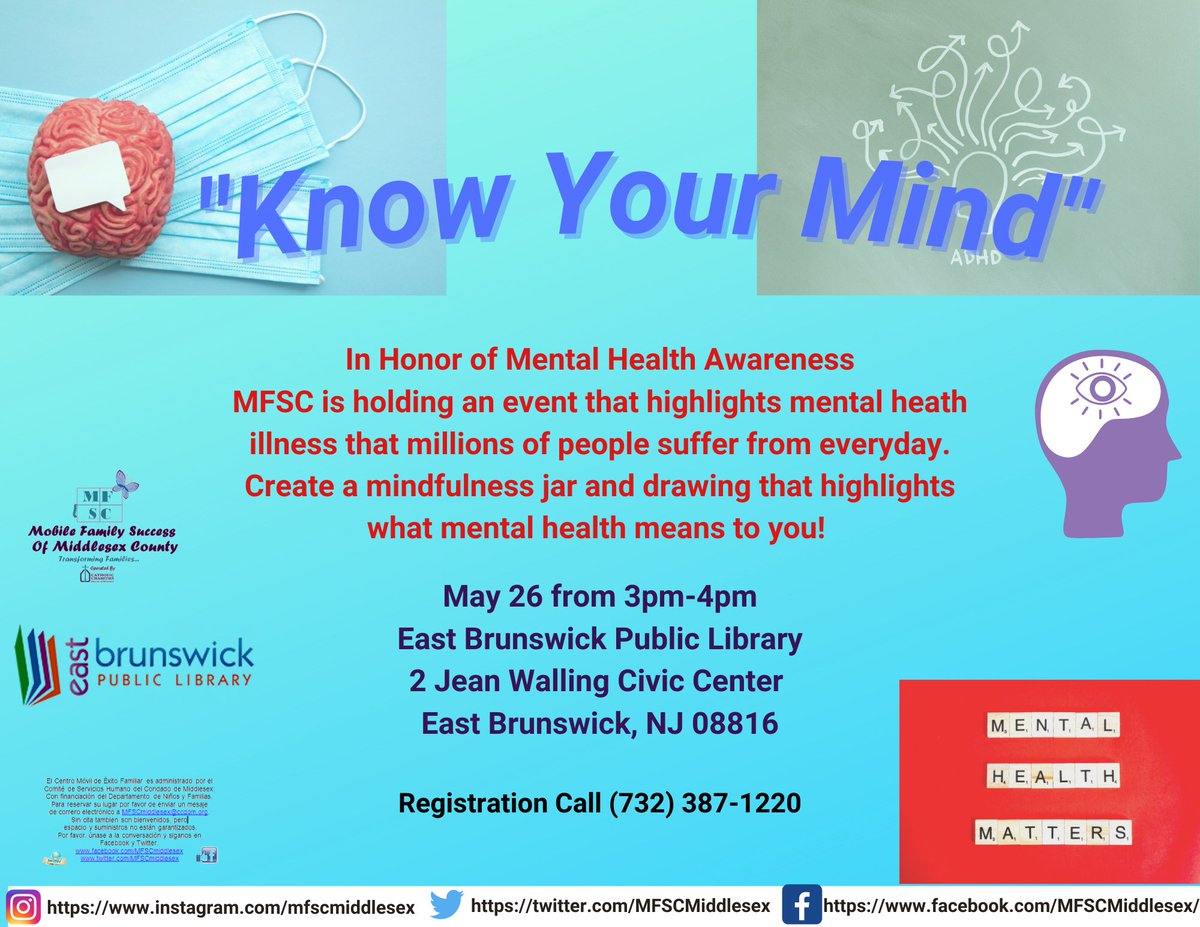 Join us this Thursday, May 26th at 3PM for an activity about mental health awareness utilizing mason jars. This program will be held at East Brunswick Library. Don't forget to register on Eventbrite link for our May activities: mfscmay2022calendar.eventbrite.com or call us at 732-387-1220