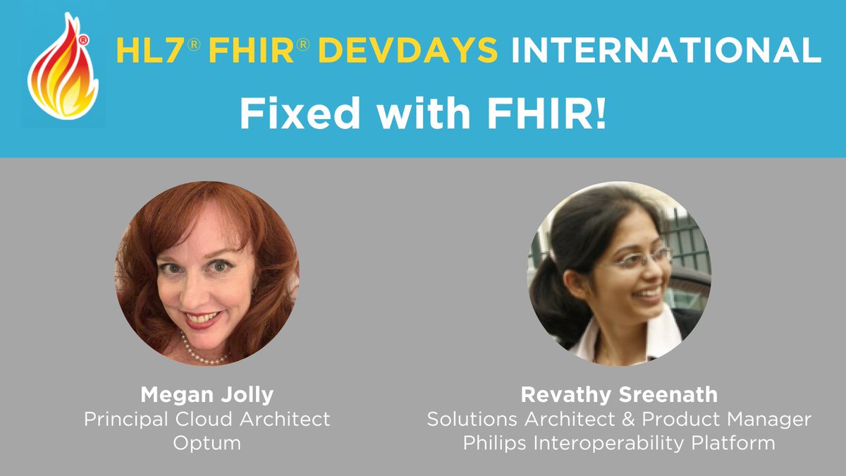 HL7's tweet photo. Can't wait to hear #FHIR experts Megan Jolly and Revathy Sreenath speak during Fixed with FHIR track at #HL7 #FHIRDevDays! Find more info and register for our hybrid event June 6-9! https://t.co/JznX4V5c6m @FirelyTeam @Optum @OptumIQ @PhilipsPHM #healthIT #interoperablity https://t.co/9TM79DGQbF