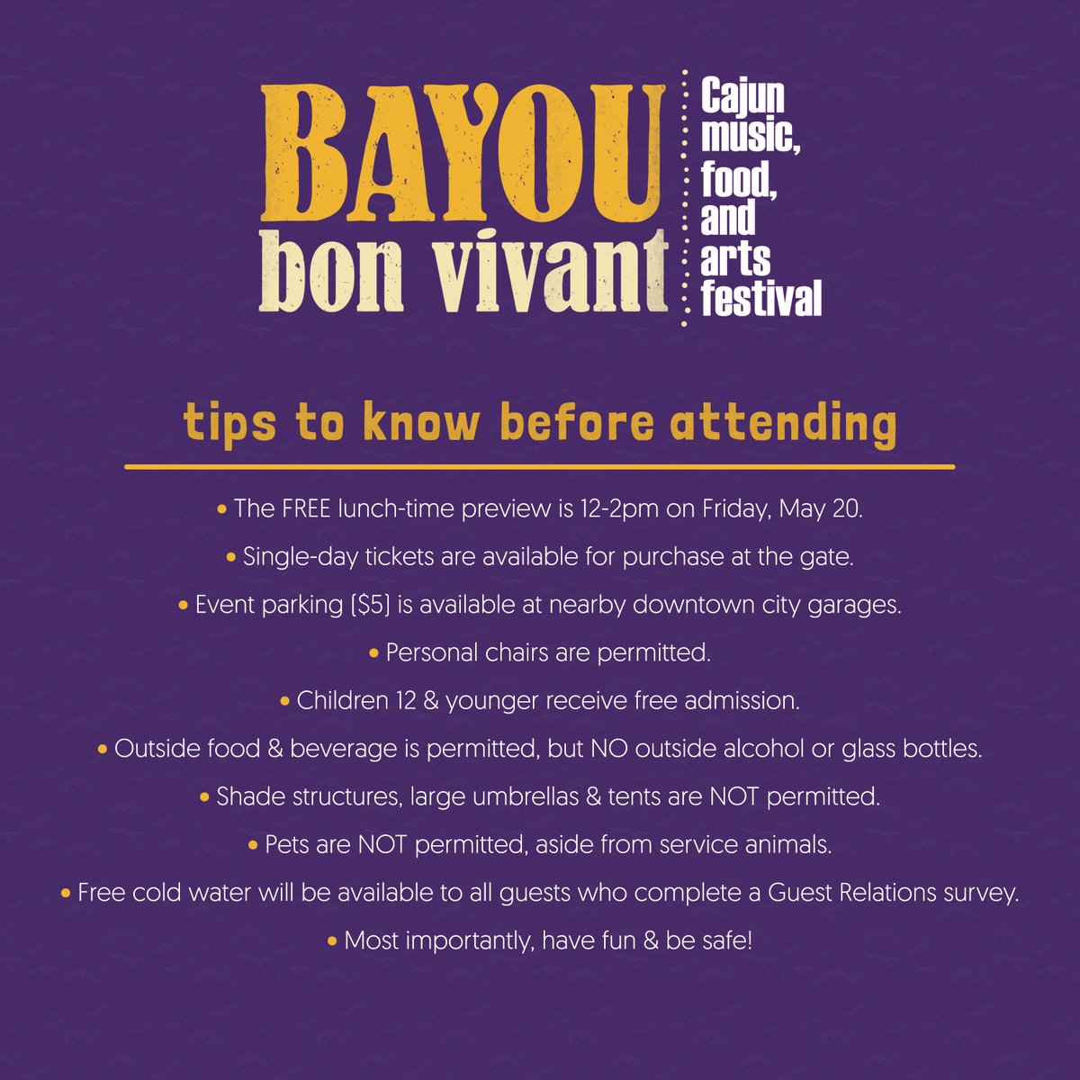 Festevents's tweet photo. Attending the Bayou Bon Vivant this weekend? Here are a few helpful tips to know before marking your way to Town Point Park! Visit https://t.co/Ke2LcOKgQQ for additional festival details. #Festevents https://t.co/J0CouXqwl3