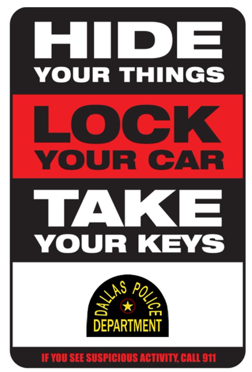 DallasPD's tweet photo. #HideLockTake Be sure to secure your vehicle to protect your belongings. Prevent auto theft. https://t.co/H0kkOidVbu