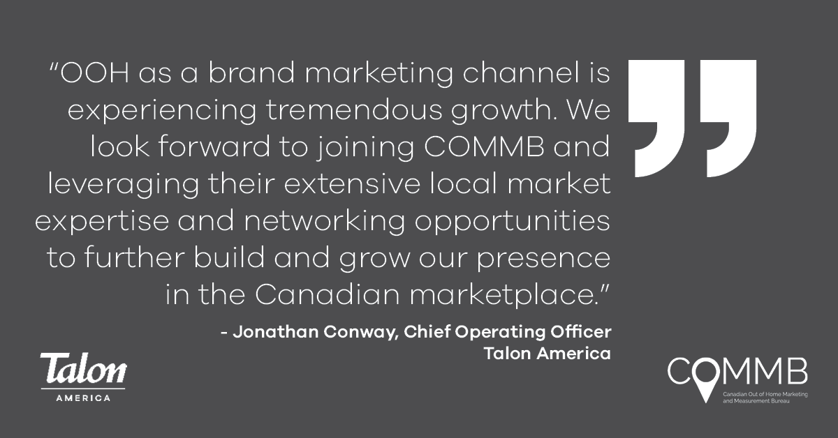 TalonOOHNA's tweet photo. Talon is excited to join COMMB, the trusted source of #OOH market insights in Canada, as we look forward to building and growing our presence in the Canadian marketplace.
Learn more about membership in COMMB: https://t.co/kSzzx9bd6A
#COMMB #oohadvertising #oohmedia https://t.co/M1A90mZeFk