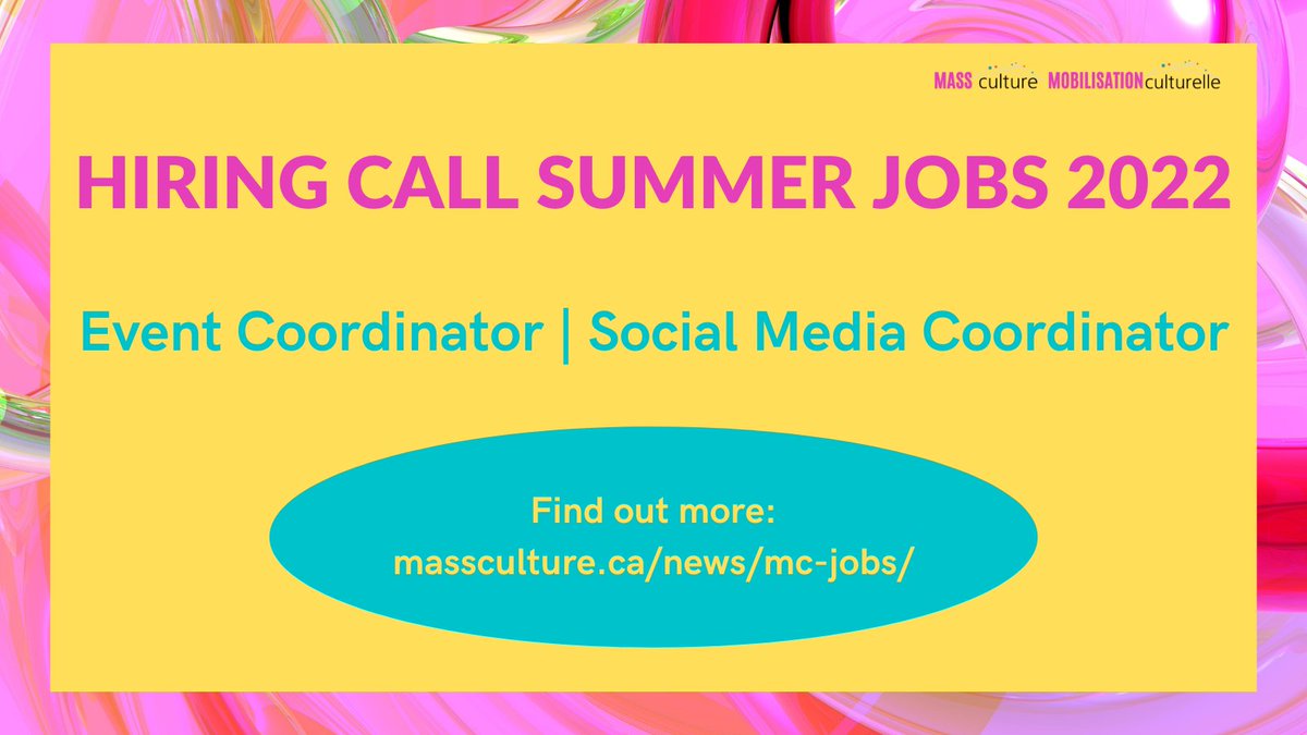Join Mass Culture's team this summer! Find out more: massculture.ca/news/mc-jobs/

#artsresearch #hiring #summerjobs #remotework