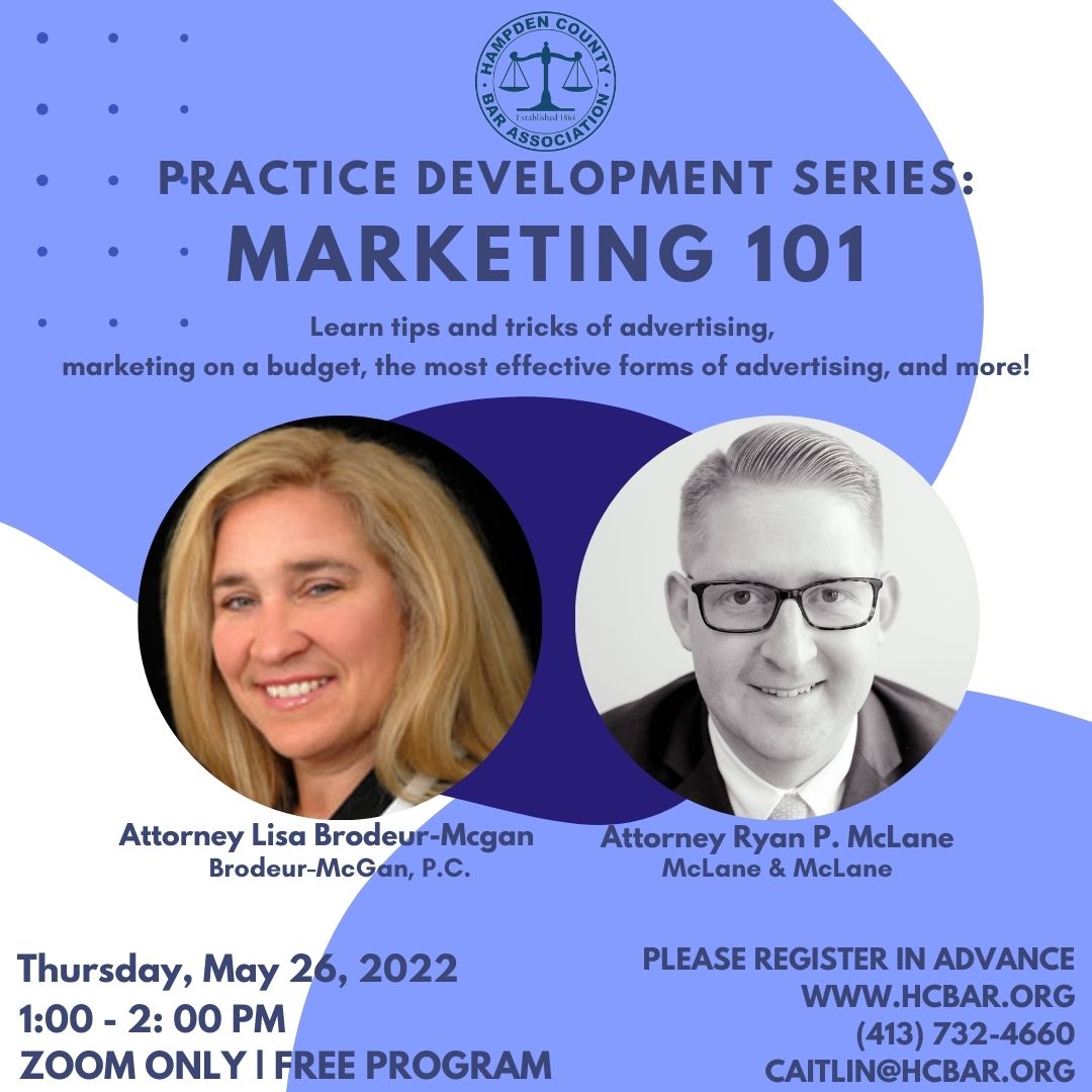 Join us next Thursday to hear tips and tricks to better market your law practice! 
#HCBA #HampdenCounty #LegalCommunity #EducationProgram #Marketing101