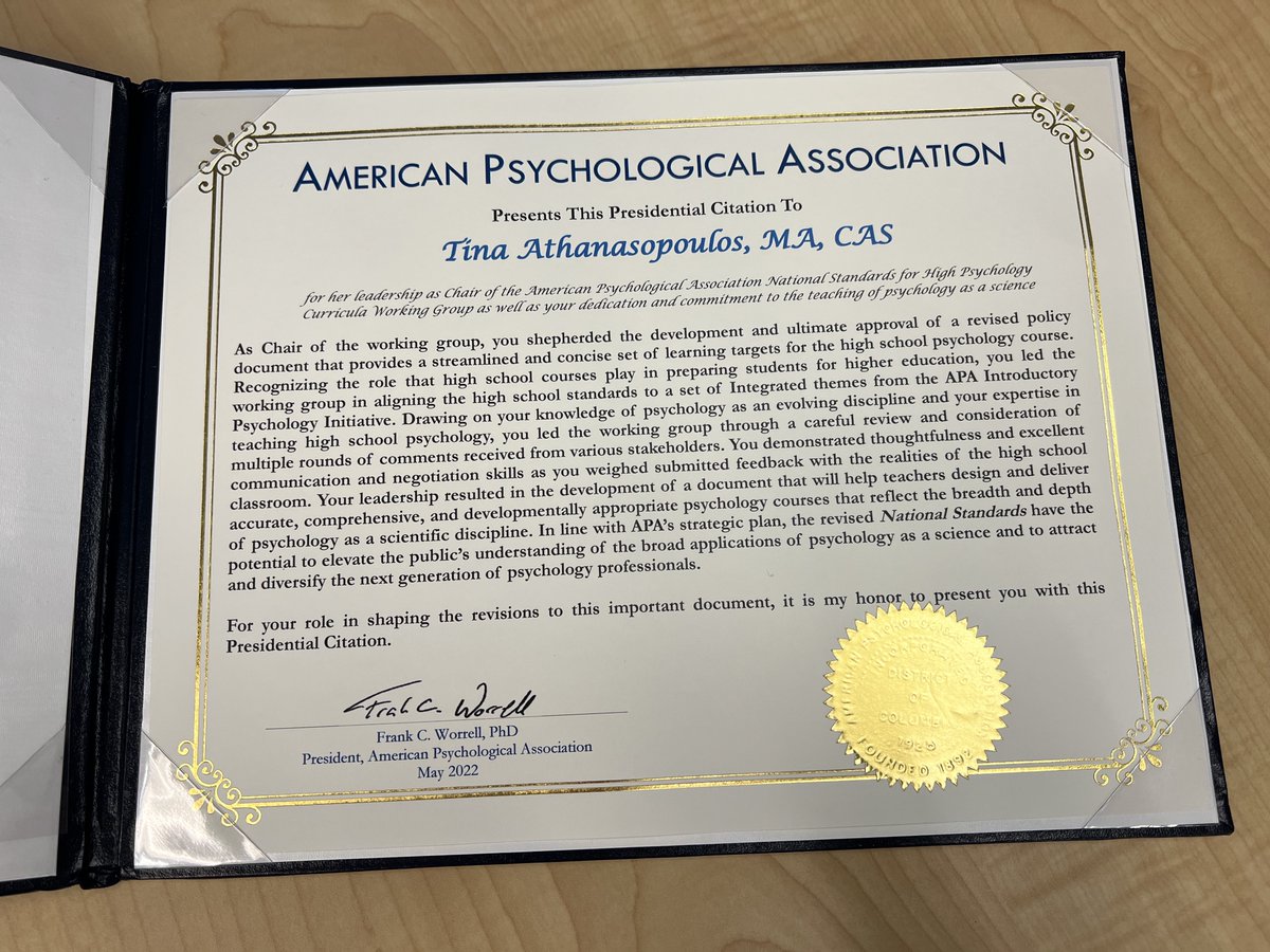 DrJoyceKim's tweet photo. @KnightsofPHS SS/WL Division recognized @t_athans with a surprise presidential citation from @FrankCWorrell to recognize her leadership in developing a set of national curriculum standards for @apa. Congratulations, Tina! @District214 https://t.co/wHT4Us0i7A