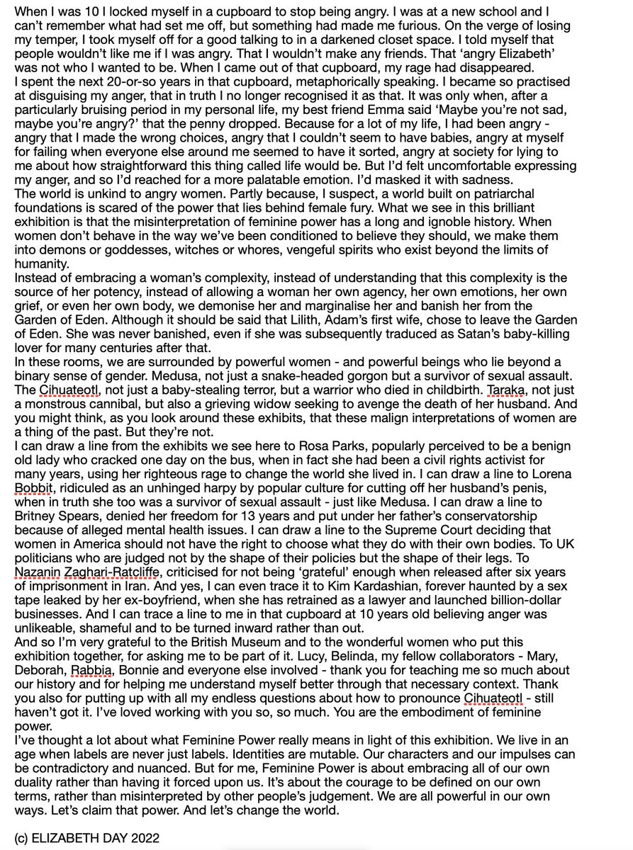 Elizabeth Day (@elizabday) on Twitter photo I've had quite a few (very generous) people wanting to see the full text of a speech I gave <a href="/britishmuseum/">British Museum</a> to mark the opening of their Feminine Power exhibition. It's on a topic very close to my heart - female rage. So I thought I'd put it on here. I've had quite a few (very generous) people wanting to see the full text of a speech I gave <a href="/britishmuseum/">British Museum</a> to mark the opening of their Feminine Power exhibition. It's on a topic very close to my heart - female rage. So I thought I'd put it on here.