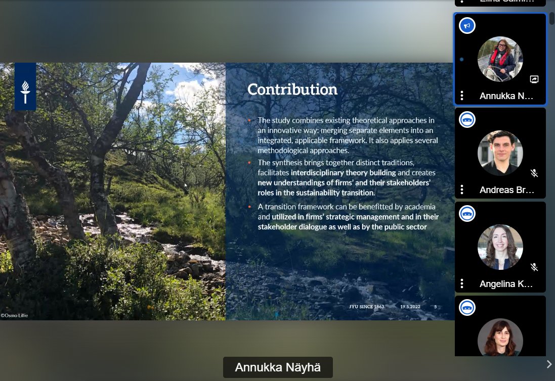 jsbe_cem's tweet photo. In session #15, CEM's researcher Annukka Näyhä presented her ongoing project which aims to discover how #SustainabilityTransition can be facilitated by future-orientated collaborative business models and develop a transition framework based on these. https://t.co/Zd0BxXm7Wp