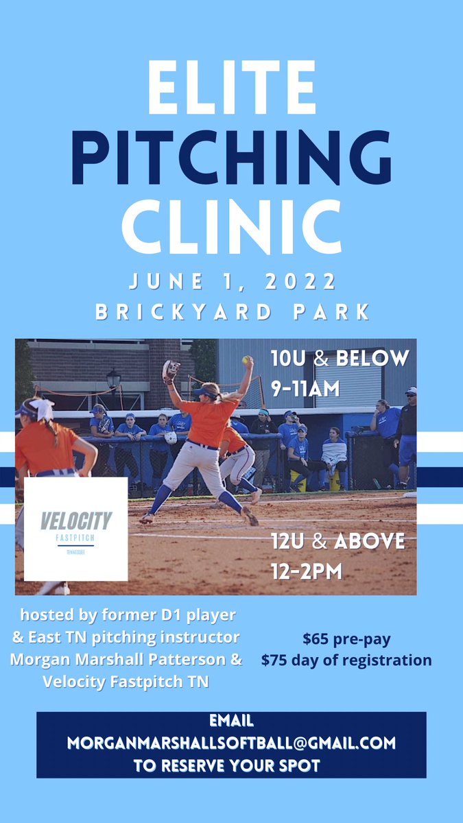 Mo_Marshh's tweet photo. Velocity Fastpitch TN is hosting a pitching clinic in Kingsport TN! Register at the link below—

https://t.co/AnzODNkZIV https://t.co/83X9PX5Ch7