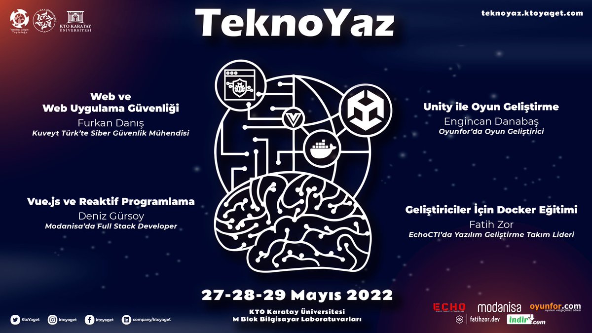 TeknoYaz 2022’ye hazır mıyız?
Evet seslerini duyar gibiyiz 🤭
Bu etkinliğimizde birbirinden farklı workshoplar ile karşınızdayız🥳
Sınırlı sayıda kontenjanı kaçırmamak için 👉 teknoyaz.ktoyaget.com!
🗓 27-29 Mayıs
📍KTO Karatay üniversitesi 
 Detaylar için takipte kalın! 🤩