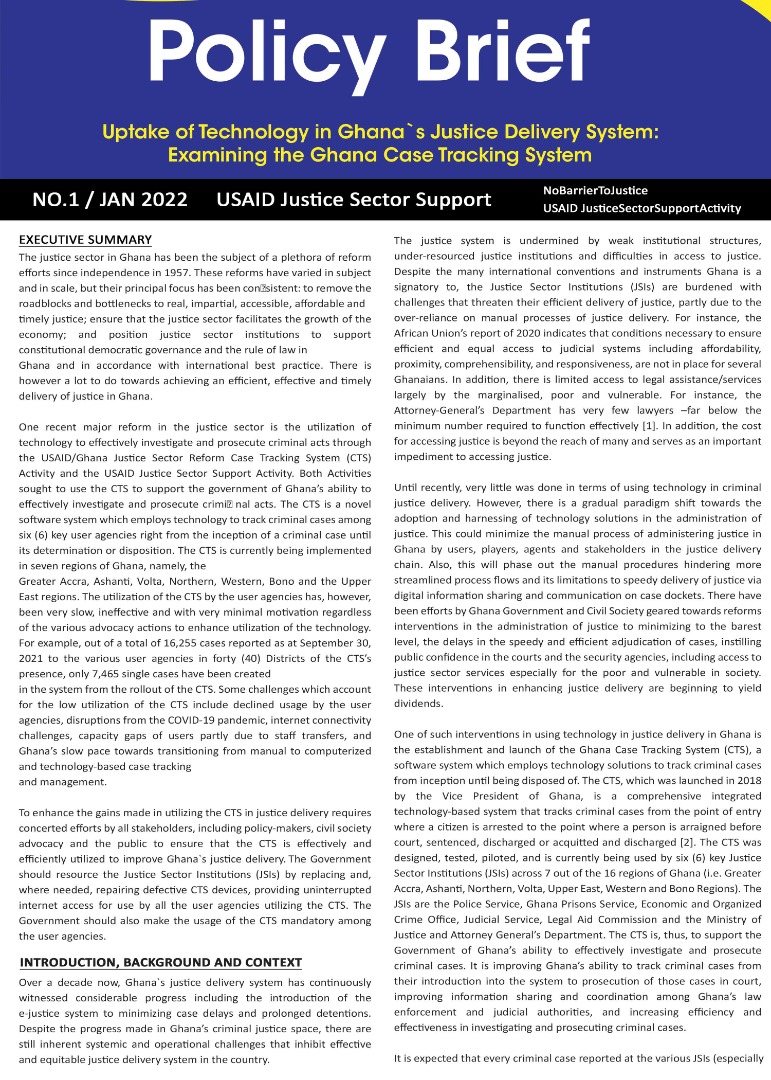 enockjengre's tweet image. Have you read about our recently published Policy Brief on harnessing technology in enhancing Ghana's criminal justice system?

How do we sustain the CTS? 

Enjoy the read below;

#CaseTrackingSystem
#Access2Justice
#USAIDJSSActivity

@USAIDWestAfrica @CHRIAfrica2 @crimecheckgh