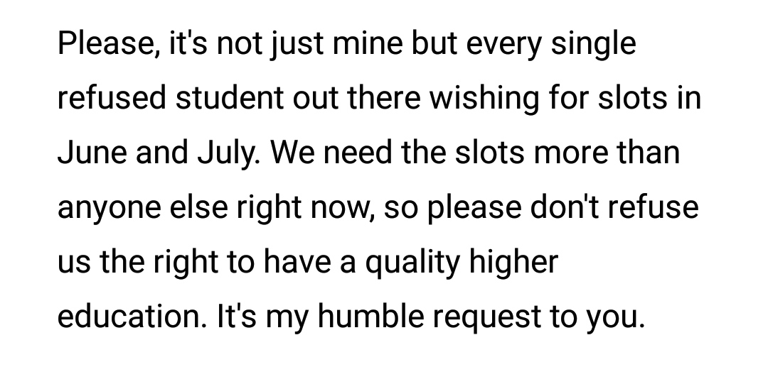 KiritoK81468900's tweet photo. Many of us rejected students have been waiting for a slot in early June or July. Our courses start from either last week of July or early August. We can't wait for that long, we need slots too. We're in need of those. 

#Unfairdecision
#JusticeForF1RejectedStudents
#f1refused https://t.co/NqEVlrRzI8