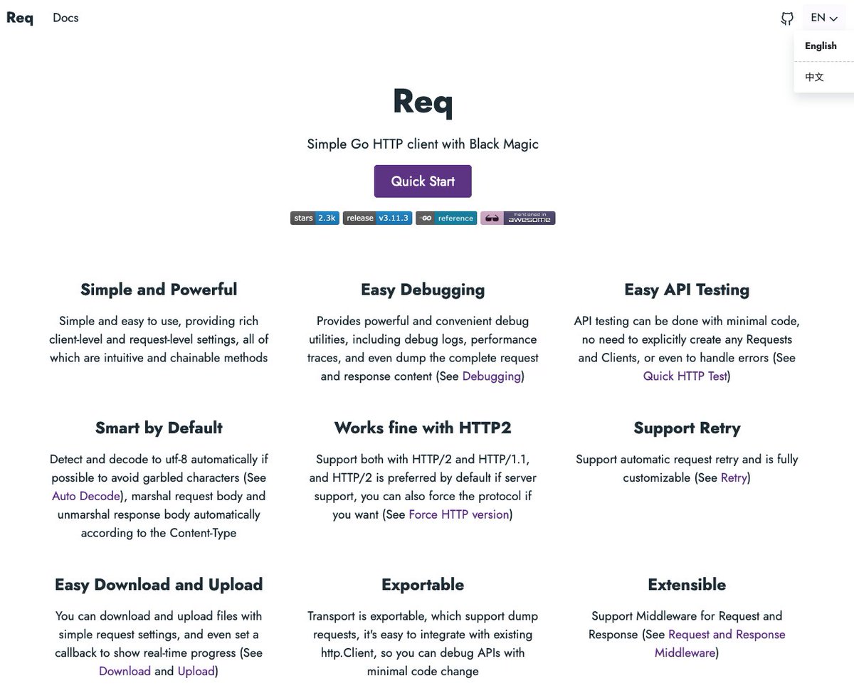 imrocchan's tweet photo. The website of req is officially launched today: https://t.co/e5AhxBNynq (Simple Go HTTP client with Black Magic) #Golang https://t.co/PBGUPIrlqz