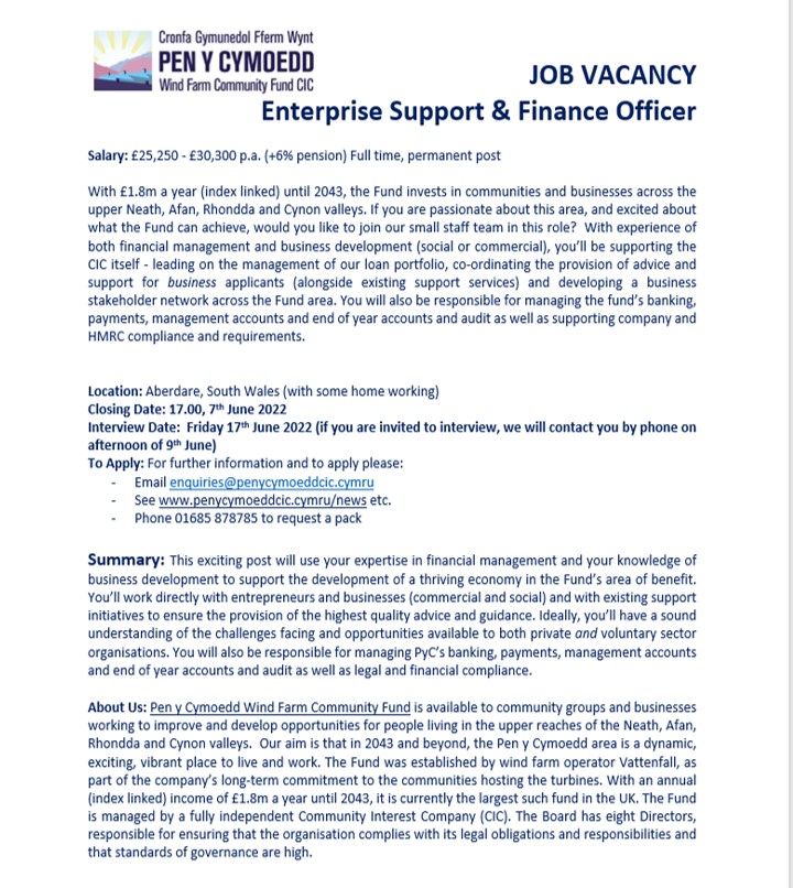 Want to join our team and support the fund and the businesses that apply to the fund? Get in touch- enquiries@penycymoeddcic.cymru / 01685 878785

<a href="/NPTCVS/">Neath Port Talbot CVS</a> <a href="/InterlinkRCT/">Interlink RCT</a> <a href="/_businesswales/">Business Wales</a> <a href="/Welsh_ICE/">ICE</a>