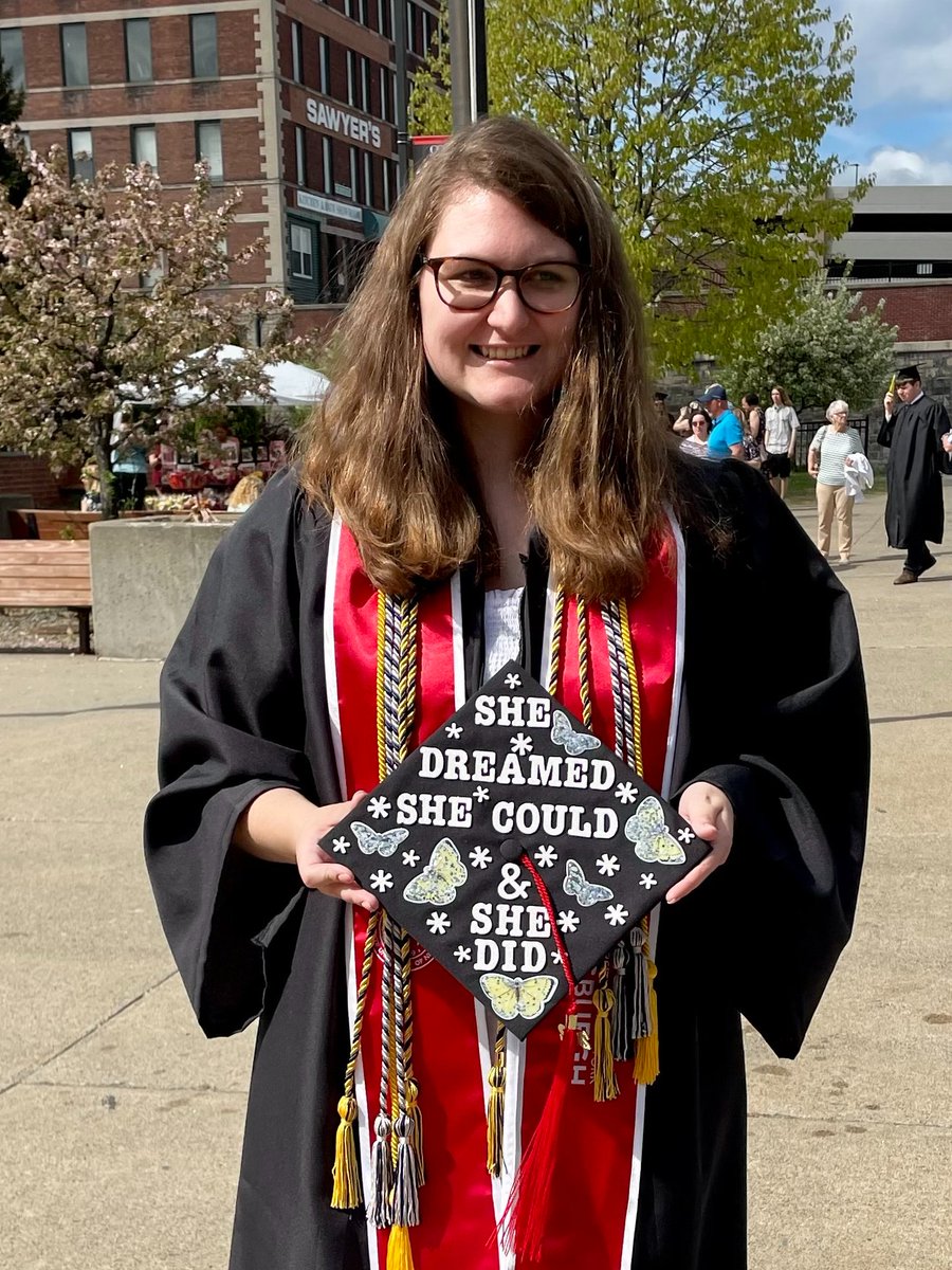 Pburgh_Branch's tweet photo. Congratulations to Samantha Palumbo, winner of our cap decorating contest! After graduation, Samantha will work at @SUNYADK's Accessibility Services Office, offering tutoring and proctoring services to college students. #Congratulations #StayNearGoFar #plattsgrad #classof2022 https://t.co/qfbcLHa9AW