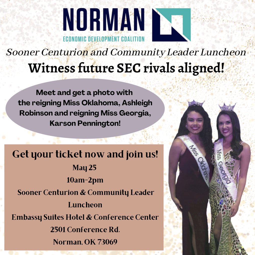 CCEDC405's tweet photo. Want to meet and take your picture with both the reigning Miss Oklahoma and Miss Georgia? Here's your opportunity!

Join us for our Sooner Centurion and Community Leader Luncheon on May 25th! You can register for the event at https://t.co/IkxxT0Fyg3! https://t.co/mHZDCVjCzh