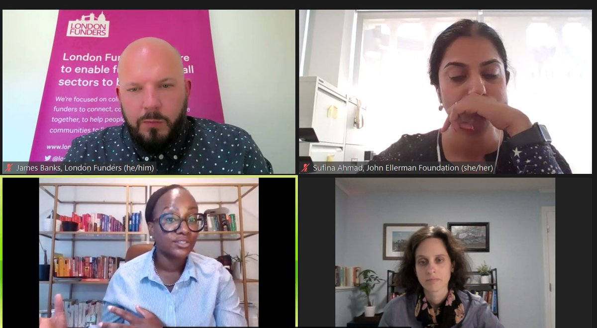 LondonFunders's tweet photo. Now hearing reflections on why widening representation in grantmaking is not enough - we need to focus on retention and progression as well as creating safe spaces which embrace new voices that are needed to promote racial justice #LdnLearnFest https://t.co/yWs1soZVtH
