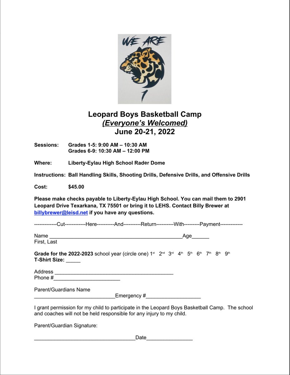 Attention boys grades 1st-9th!! The Leopard basketball camp will be held June 20-21 at the Rader Dome. Get signed up! Contact Coach Brewer if you have any questions. #LPND