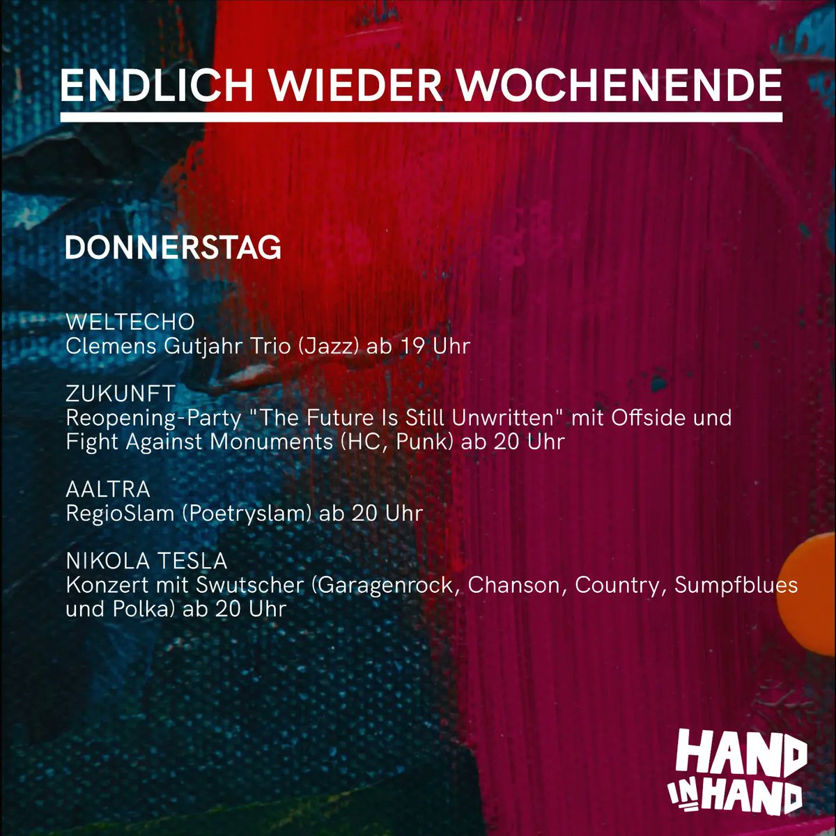 HiH_Chemnitz's tweet photo. Die Veranstaltungsübersicht heute schon am Donnerstag, weil bereits heute viele coole Veranstaltungen auf euch warten. Auch am Freitag und Samstag sollten für jede*n was dabei sein. Viel Spaß bei:

#Chemnitz2025 #Kulturhauptstadt2025 #kh2025 #Chemnitz #fuegoalaisla #HandinHand https://t.co/XkBICHwsvW