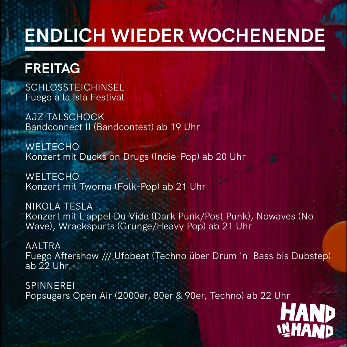 HiH_Chemnitz's tweet photo. Die Veranstaltungsübersicht heute schon am Donnerstag, weil bereits heute viele coole Veranstaltungen auf euch warten. Auch am Freitag und Samstag sollten für jede*n was dabei sein. Viel Spaß bei:

#Chemnitz2025 #Kulturhauptstadt2025 #kh2025 #Chemnitz #fuegoalaisla #HandinHand https://t.co/XkBICHwsvW