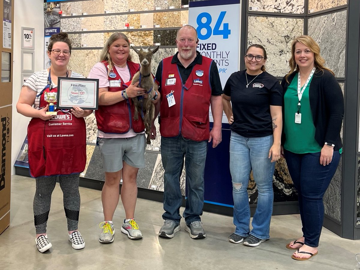 SageSurfaces's tweet photo. Lowe's Store 727 is the GOAT!

Our incredible Regional Sales Manager, Shannon Nicholson, got to join Cabinet Express Sales Manager, Olivia Herron, to present Lowe's Kitchen Designers of Store 727 with the GOAT award!

Store 727 had the highest Q1 allen+roth countertop sales! https://t.co/f9yPlnZqmS