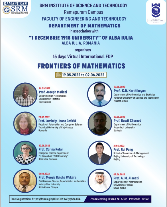 #keynotespeaker at the "Frontiers of Mathematics" #Mathematics #CPD event, organised by SRM Institute of S&amp;T Chennai, India and UAB Alba Iulia, Romania. You can join me on Friday May 20th @10am BST. 
Zoom link: bit.ly/3NnIBgJ
ID: 843 741 6836
Passcode: 12345