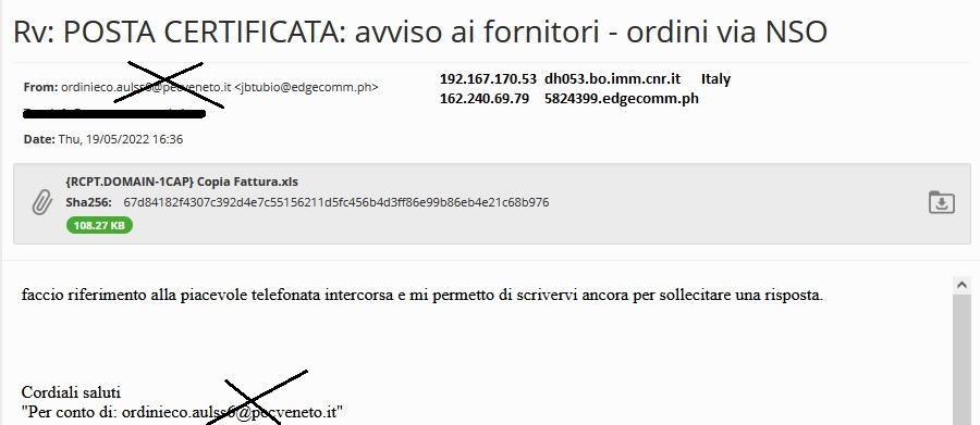 JAMESWT_WT's tweet photo. "Rv: POSTA CERTIFICATA: avviso ai fornitori - ordini via NSO"
spam email from stolen conversation
spread #emotet #heodo #epoch4
Xls
https://t.co/Yc7AAeDze6
Dll
https://t.co/gkQNYQfcA5
Dll Urls
https://t.co/O1t0ZXZz2O https://t.co/OKGLxG4EgR