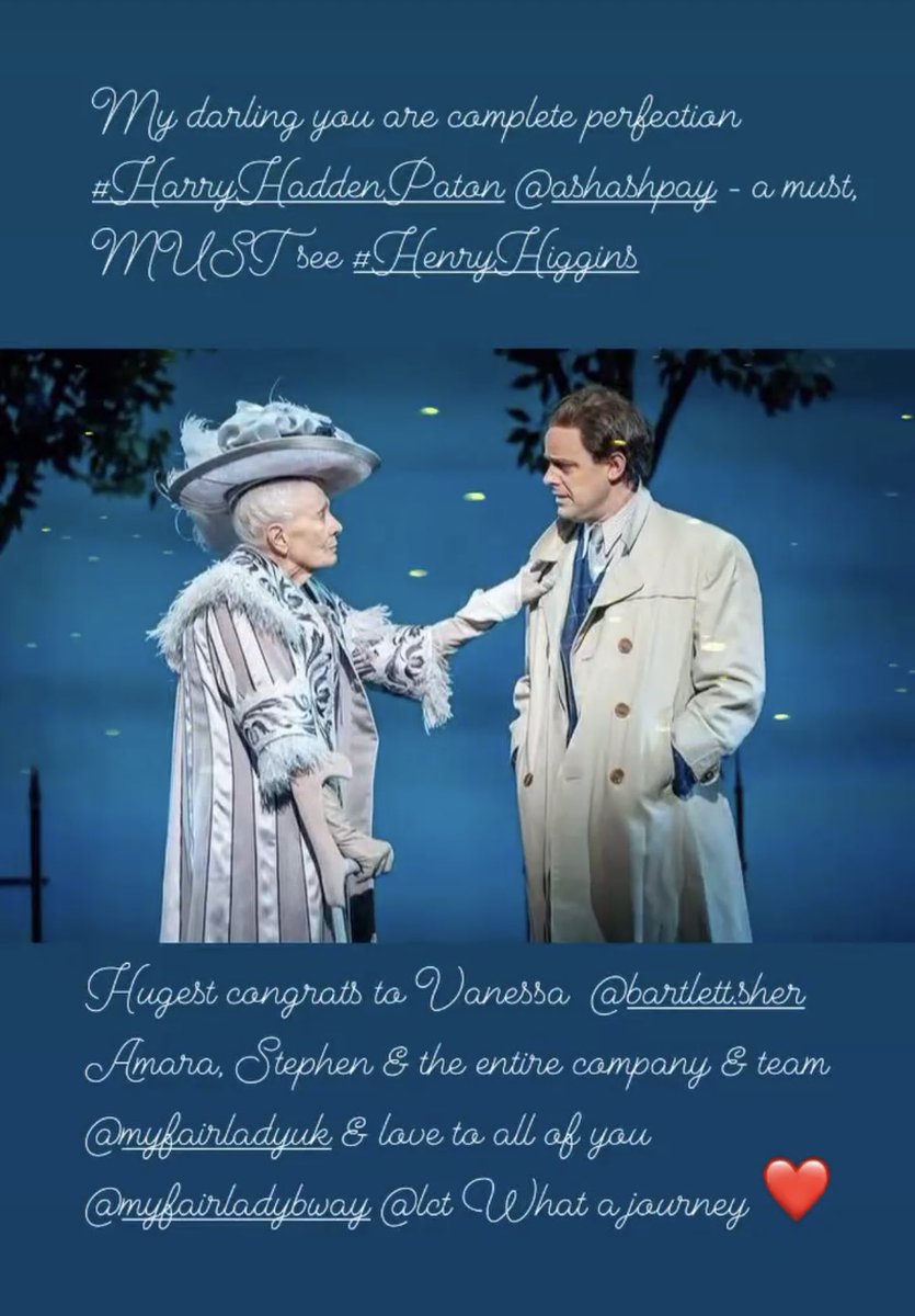 This has been quite the journey @MyFairLadyBway <a href="/LCTheater/">LincolnCenterTheater</a> to <a href="/MyFairLadyUK/">My Fair Lady</a> <a href="/LondonColiseum/">London Coliseum</a> <a href="/E_N_O/">English National Opera</a> @bartlett_sher ❤️ ❤️ ❤️ 

Hugest congratulations, gratitude &amp; love to the entire wonderful team 🇺🇸 🇬🇧 

Darling #HarryHaddenPaton you are perfection #HenryHiggins