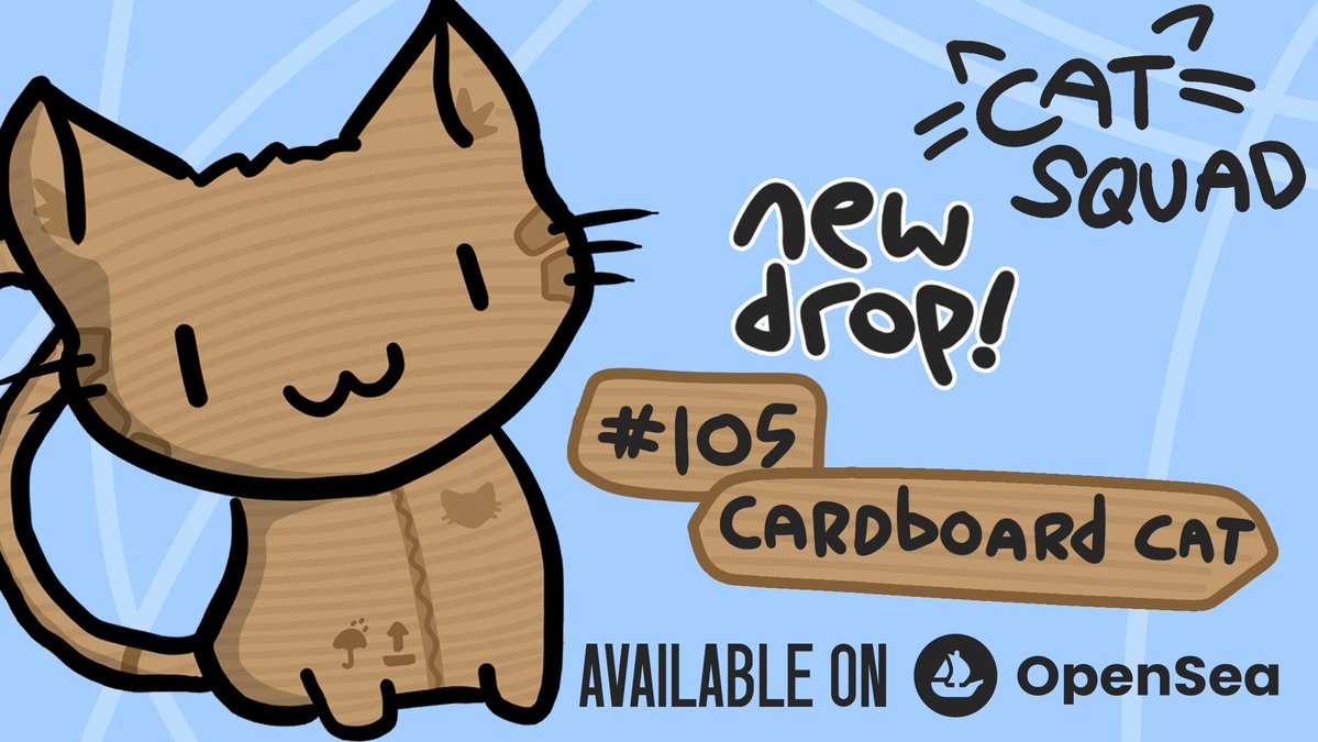 New Drop 😻

#105 - Cardboard Cat joins the squad! 📦

Check out the new drop and other collectible cats starting at 0.0015 ETH! ⬇️
opensea.io/collection/cat…

#NFT #NFTs #NFTCommunity #NFTartists #NFTdrops #OpenSeaNFT #NFTProject