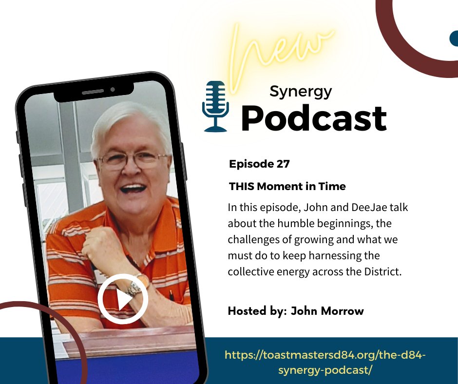 tm_d84's tweet photo. 🔊 Attention #podcastlovers A new Synergy podcast is now available on our website. In this episode, DeeJae and John reflect on... https://t.co/e4destqJh4
#podcast #tmd84 #toastmasters #communication #leadership #synergy #deejae #johnmorrow #challenges #dynamics #energy #greatness https://t.co/XBam2aJJBp