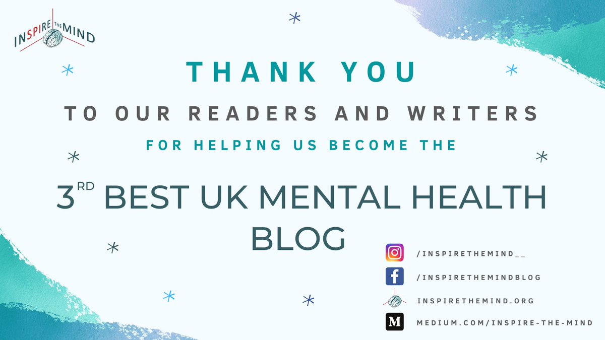 inspirethemind_'s tweet image. We would like to send a warm thank you 🙏 to all of you for helping us achieve 3rd Best UK #MentalHealth Blog and Website ranked by @_feedspot based on traffic, social media followers, domain authority and freshness.