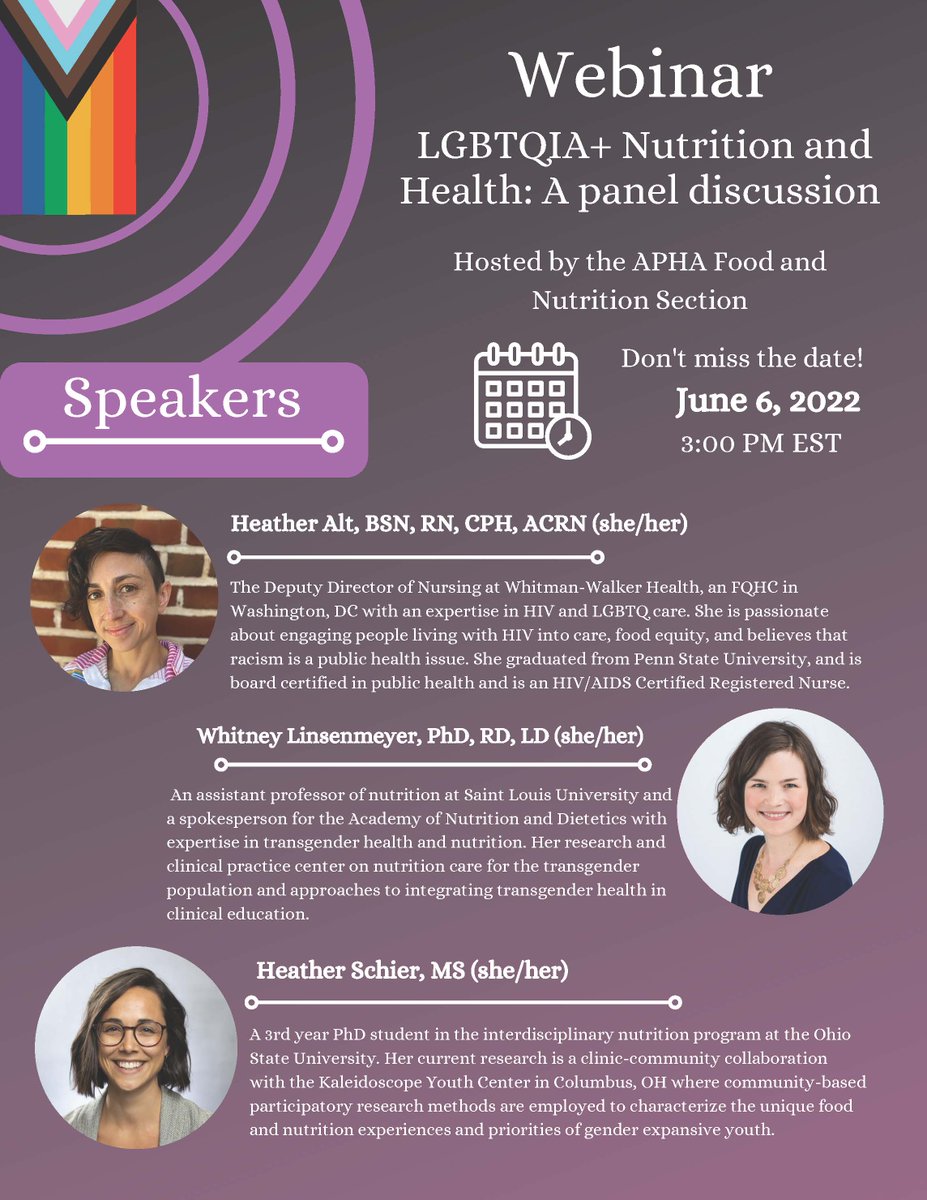 Registration now open! Join us for the APHA F&amp;N Section webinar focused on the unique nutrition and public health needs of the LGBTQIA+ community. Open to all APHA Members. Registration Link: lnkd.in/gWapNZf9 #nutrition #publichealth #community