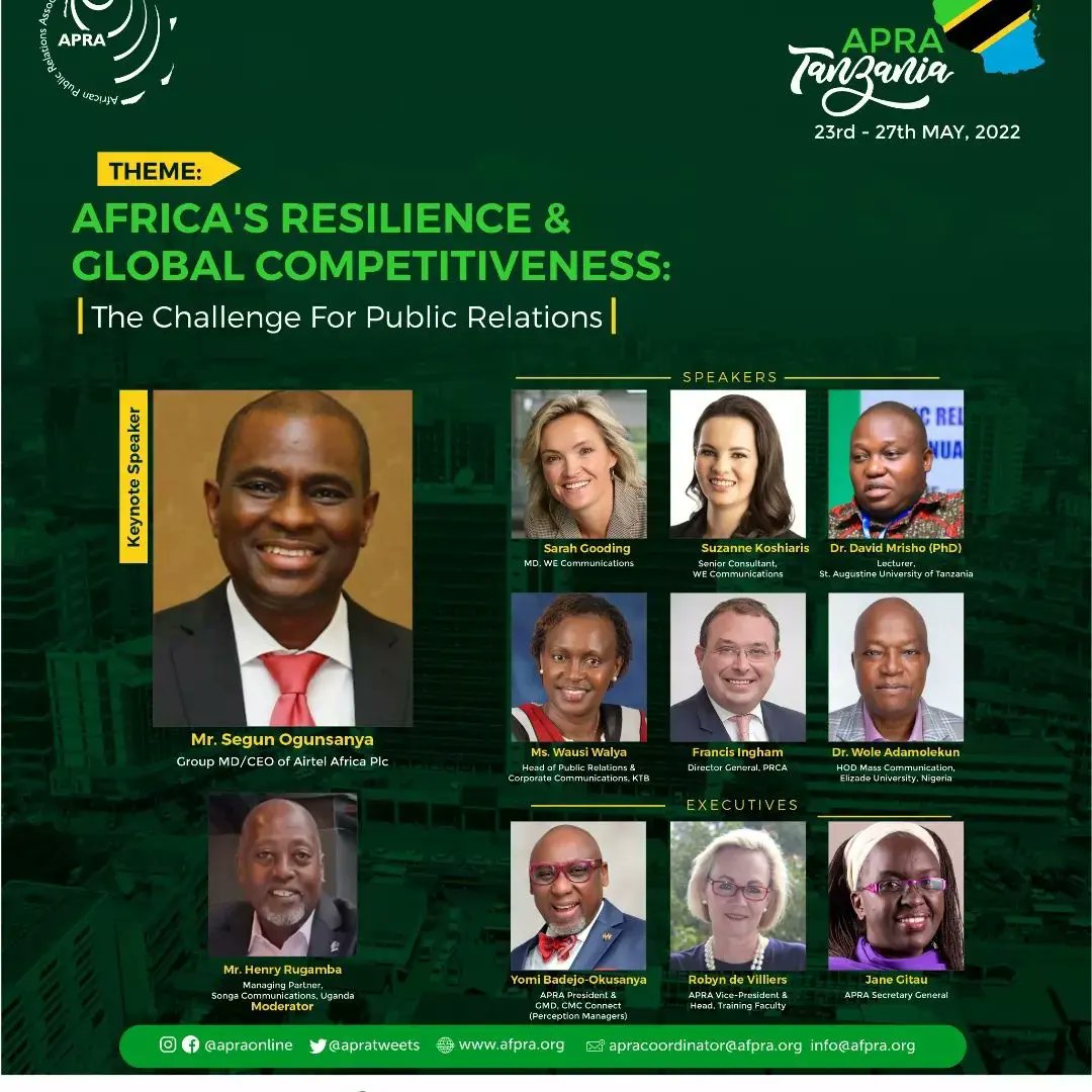 MakuzaLoth's tweet photo. Meet the Speakers at #APRATanzania2022
@prstofficial
@PRCA_HQ
@ICCOpr
@Edelman
@bcwglobal
@WEcomms
@ChainReactions2
@avianWE
#APRATanzania2022
#APRA2022
#PublicRelations
#publicrelations
#publicrelationslife
#Africa
#Conference https://t.co/2eDYzaRI5N
