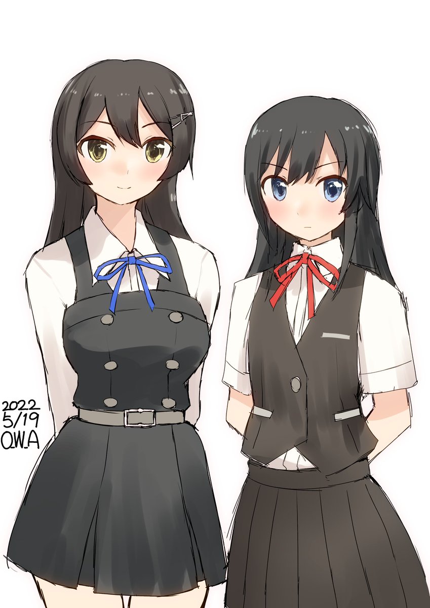 asashio (kancolle) ,oyashio (kancolle) multiple girls 2girls black hair long hair shirt white shirt ribbon  illustration images