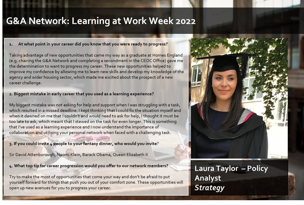 The next Q&amp;A in the @HomesGrads_Apps series during learning at work week is with Policy Analyst in the Strategy team, <a href="/LauraLTaylor_/">Laura Taylor</a> . 

Our former Chair of the network shares her early learnings, key progression tips and an illustrious fantasy dinner table!

#LearningAtWorkWeek