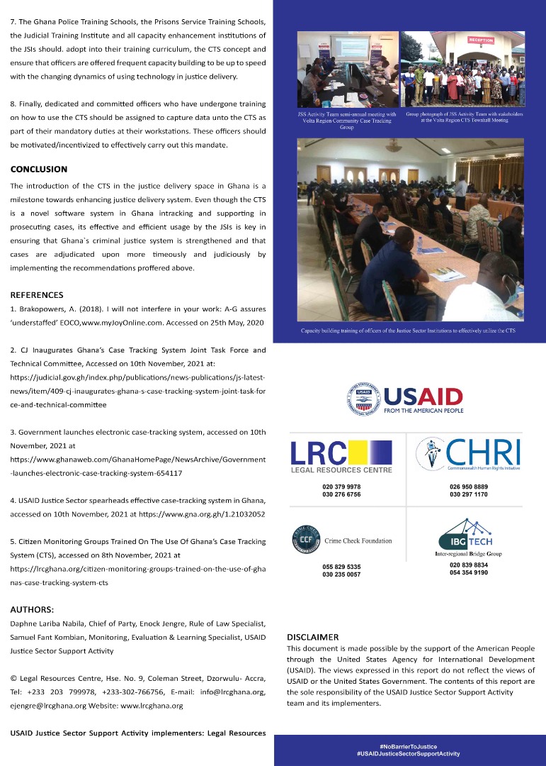 lrc_ghana's tweet image. Have you read about our recently published Policy Brief on harnessing technology in enhancing Ghana's criminal justice system?

How do we sustain the CTS? 

Enjoy the read below;

#CaseTrackingSystem
#Access2Justice
#USAIDJSSActivity

@USAIDWestAfrica @CHRIAfrica2 @crimecheckgh