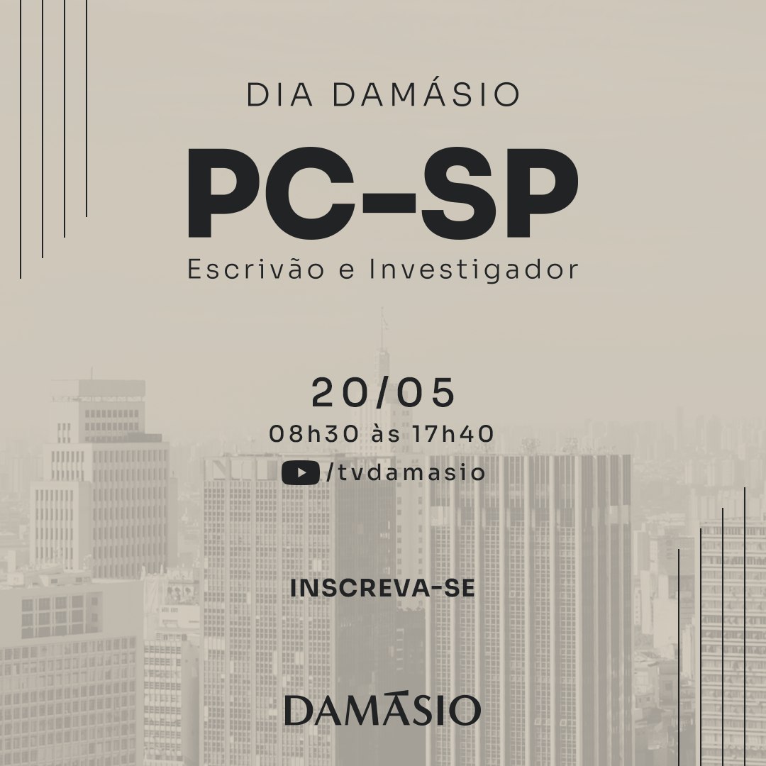 É amanhã! 
 
A oportunidade de realizar sua última revisão de todas as matérias da prova. 
 
Será transmitido ao vivo pelo canal do TV Damásio no Youtube. 
 
Inscreva-se aqui: bit.ly/pcspdamasio 
 
#pcsp #políciacivil ##escrivaodepolicia #investigador #escrivão #damásio