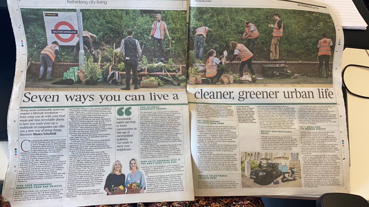 SchofieldBlanca's tweet photo. Pick up a copy of @thetimes today to read the latest issue of the monthly climate supplement, featuring my article on seven initiatives to help urbanites live more sustainably 🌿🌱
including @OLIO_ex @wearedropless @TerraCycleUK @EnergyGardenLDN @OtovoSolar https://t.co/1GGl2Z0RyT