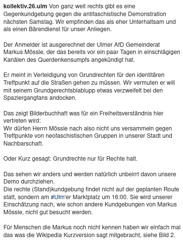 Autonomes_K26's tweet photo. Von ganz weit rechts gibt es eine Gegenkundgebung gegen die antifaschistische Demonstration nächsten Samstag in #Ulm. Ein bekanntes Gesicht der Ulmer Rechten hat eine (Stand)kundgebung angemeldet um 16:00 auf dem Marktplatz. - Mehr Infos siehe Bild 3
#KickthemOutUlm #Ulm2105 https://t.co/jKlFUNchG8