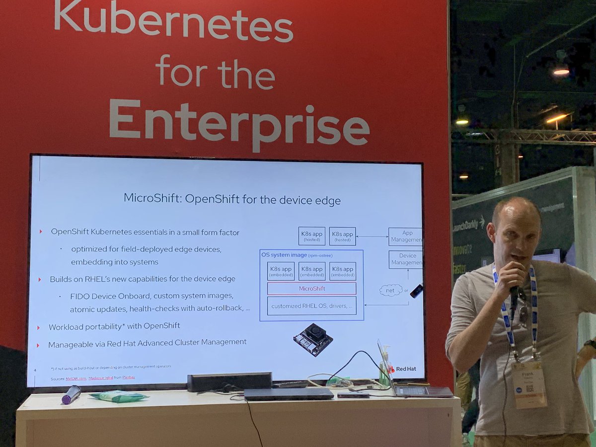 #Microshift is <a href="/openshift/">Red Hat OpenShift</a> in smaller form for the #edge. <a href="/RHEL/">Red Hat Enterprise Linux</a> now has capabilities for the device edge. Check out how #microshift can sit on RHEL. Managed by Red Hat Advanced Cluster Management. <a href="/FrankZdarsky/">Frank Zdarsky</a> at #RedHat booth at #Kubecon. 

@redhat @redhatevents <a href="/redhatopen/">Red Hat Community</a>