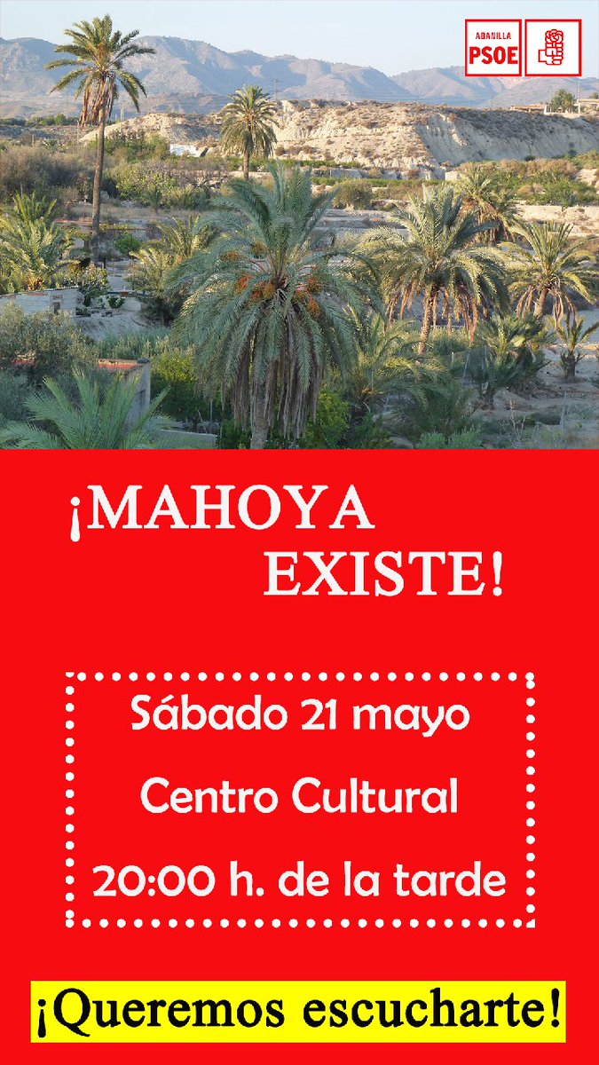 🙋‍♀️ Este sábado estaremos en la pedanía de #Mahoya conociendo los problemas e inquietudes de nuestros vecinos.

👉 Si tienes alguna idea, queja o sugerencia...

🗣️ ¡Ven, queremos escucharte! 
Tu voz cuenta.