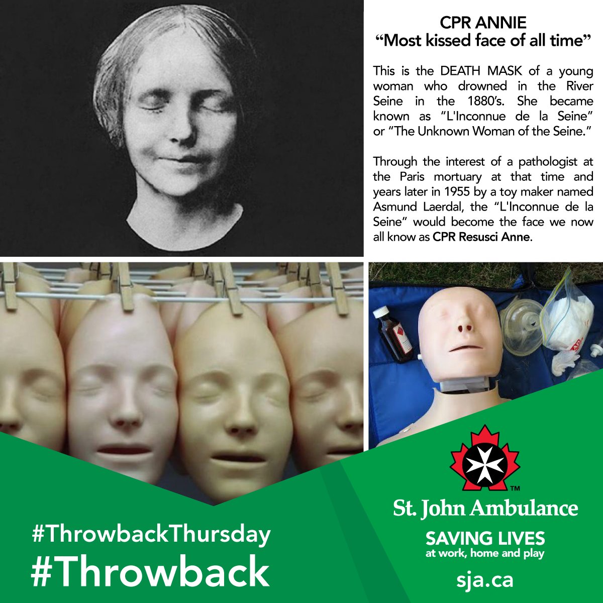 SJA_York's tweet photo. #TBT #ThrowbackThursday #Throwback - Did you know that CPR ANNIE is the "Most kissed face of all time"? Read it's history. Take a #FirstAid #CPR &amp; #AED course with #StJohnAmbulance anywhere in 🇨🇦. Visit: https://t.co/VA4YAYM58q

❤️ #RescueAnne #CPRAnnie #ResusciAnne #CPRdoll https://t.co/rWDTJU9JeO