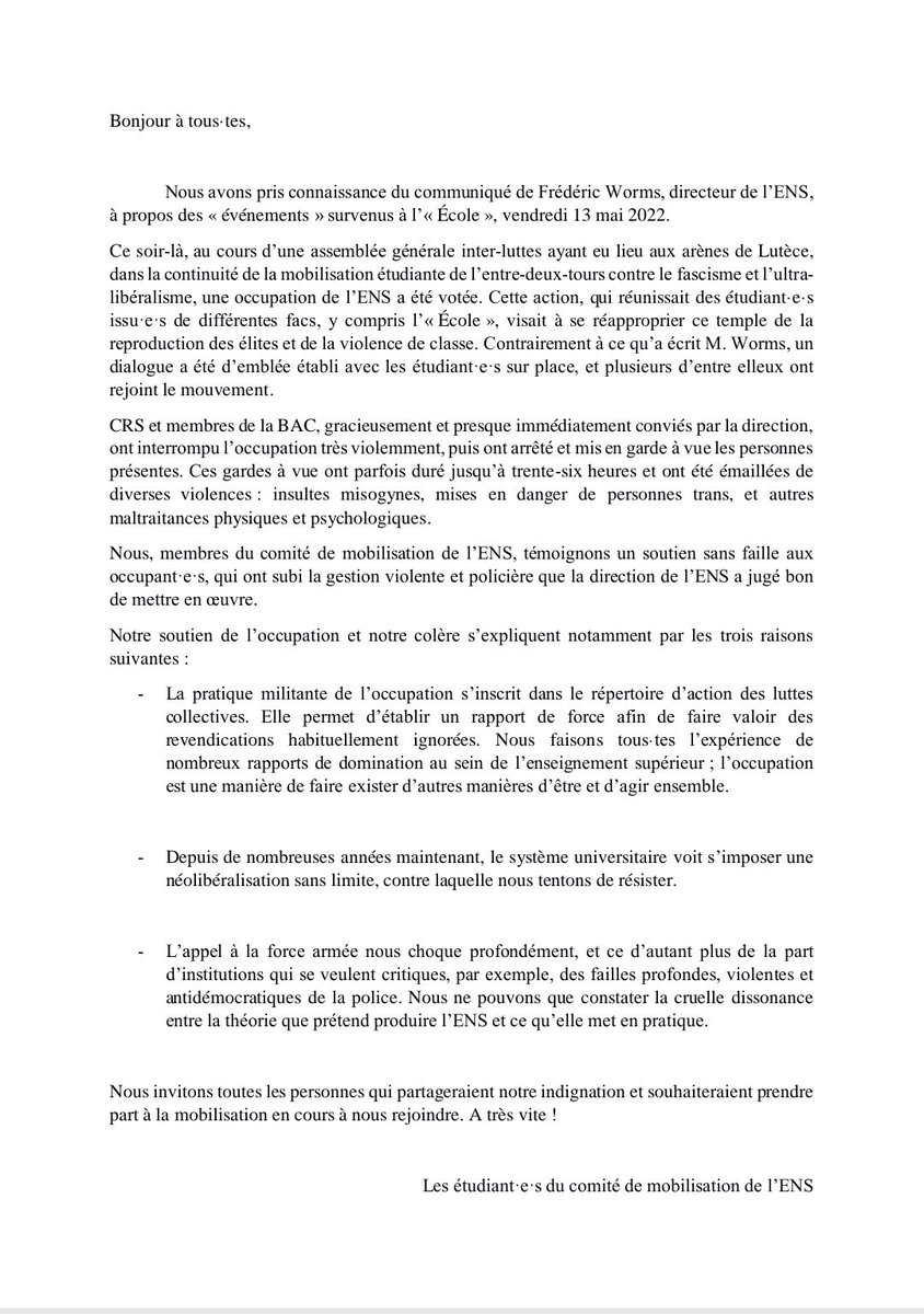 SolidairesENS's tweet photo. Communiqué du Comité de mobilisation de l'ENS à la suite de la violente répression de l'occupation du 13/05 : https://t.co/MG8bvYgA3v