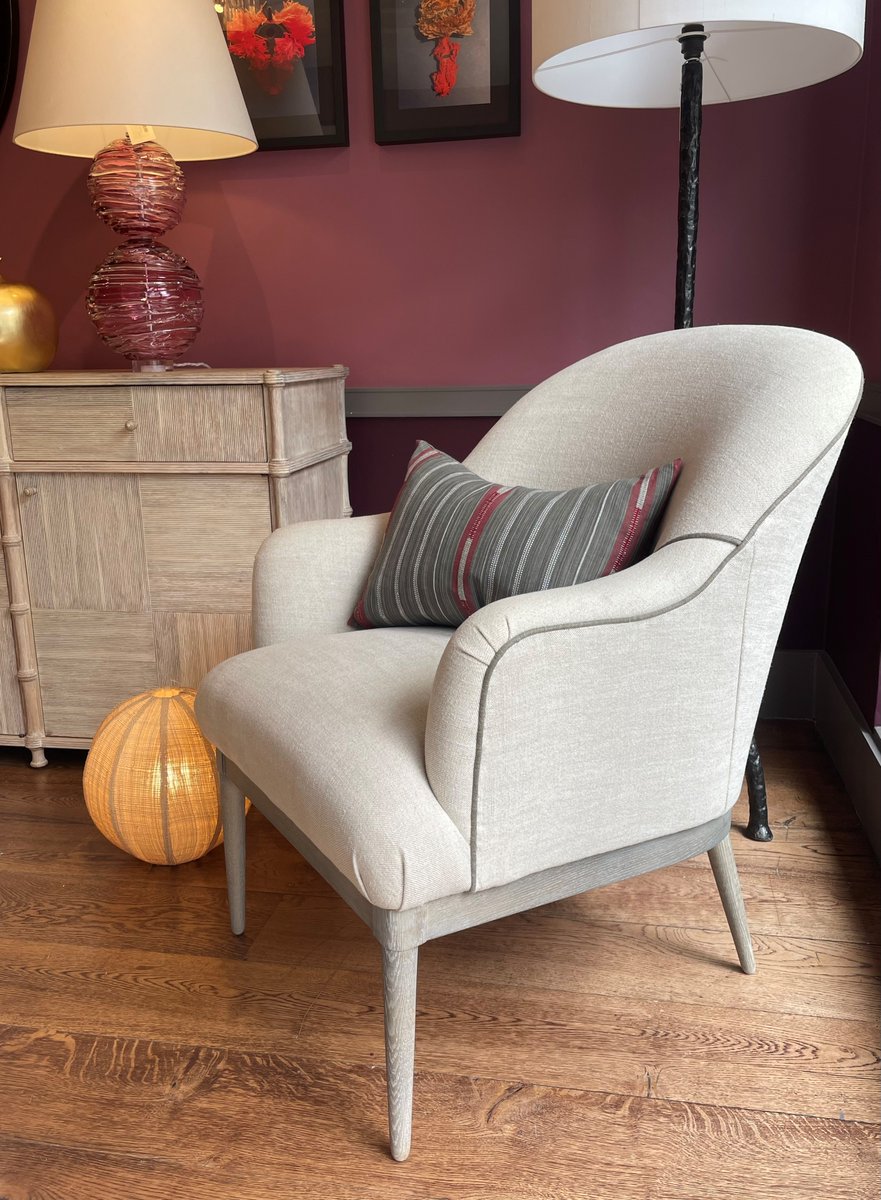 A new addition to the Concept furniture range, the Milton armchair with contemporary conical legs and plinth. Shown here in our house linens and with an Earth Smoke leg finish.