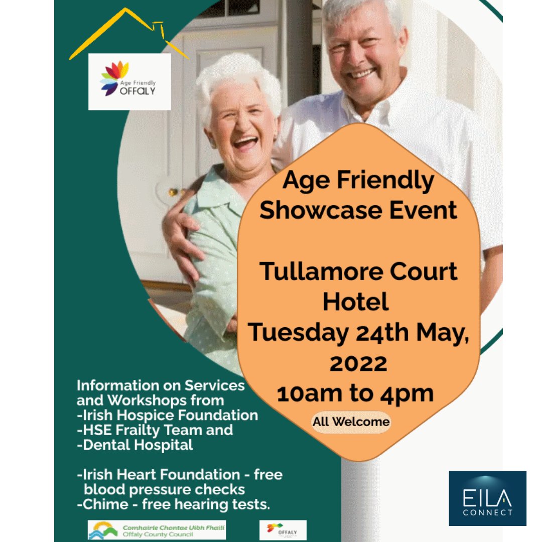 eilaconnect's tweet photo. Eila Connect will be at the @AgeFriendlyIrl Showcase Event at @tullamorecourthotel next Tuesday, 24th May from 10am - 4pm. If you're attending, do stop by our stand.
#eilaconnect #agefriendlyireland #seniorcare #agingsafelyathome #livingindependently #irishbusiness https://t.co/0snCBQmQnG