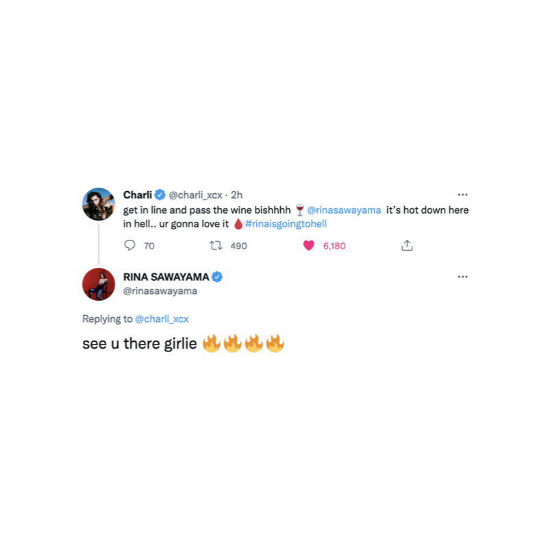 CharliXCXBrazil's tweet photo. Em interação infernal, Charli XCX e Rina Sawayama brincam sobre se encontrar no submundo. #rinaisgoingtohell 🩸 https://t.co/DZnb6CAlkn