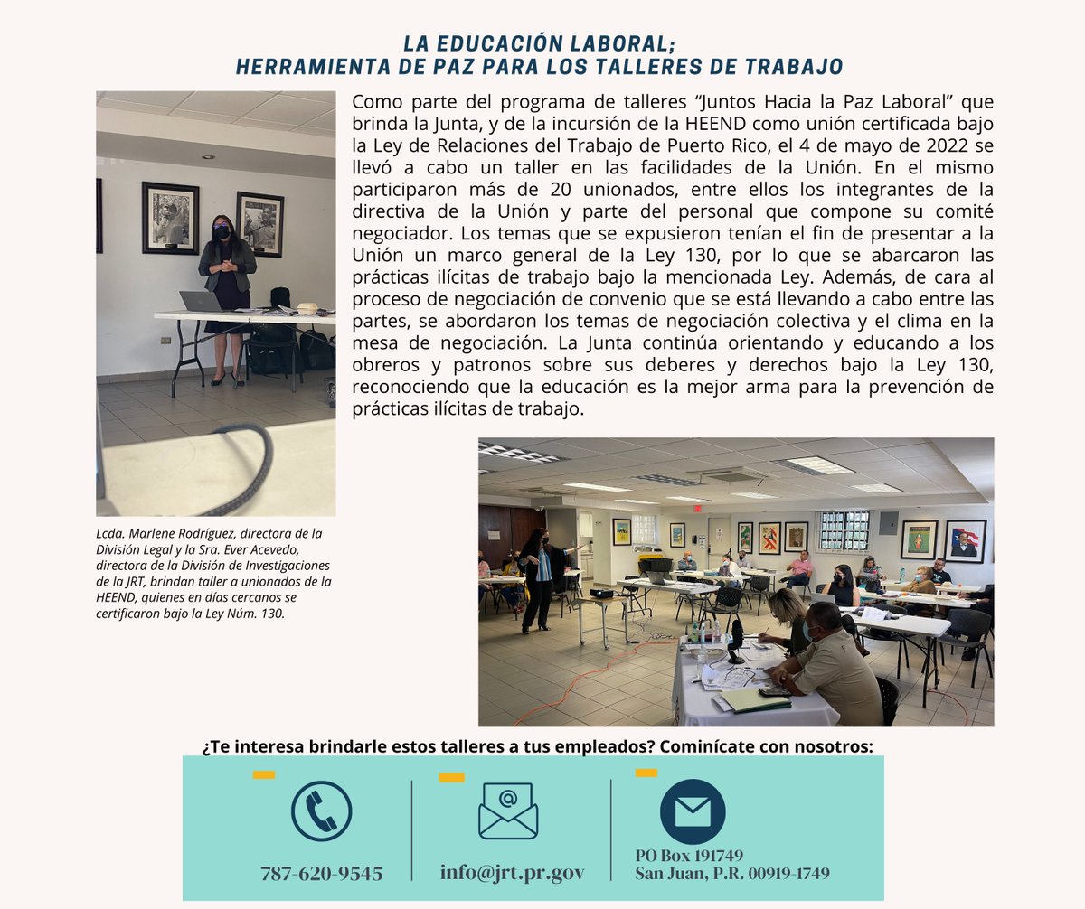LA JUNTA TE COMUNICA | LA JUNTA DE RELACIONES DEL TRABAJO DE PUERTO RICO CELEBRA SU ANIVERSARIO NÚMERO 77.
 
Además, se certifica la Hermandad de Empleados Exentos No Docentes - HEEND bajo la Ley Número 130-1945. 

Más información sobre la JRT: jrt.pr.gov
