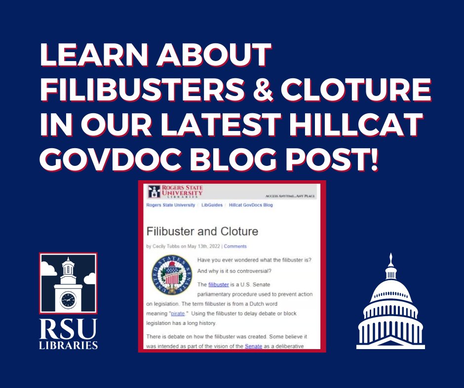 rsulibraries's tweet photo. Read our short blog article to learn about Filibusters and Cloture in US government: https://t.co/XPD23RgguH
Subscribe today to be immediately notified to new posts! #hillcatgovdoc #govdocs #filibuster #cloture #hillcatgovdocblog #hillcatgovdocs https://t.co/VHE8A4MaEu