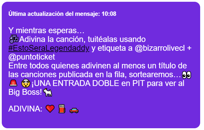 JosephVM98's tweet photo. @puntoticket @bizarrolivecl #EstoSeraLegendaddy La Gasolina ❤️⛽️🚗
No me quiero quedar sin entradas de nuevo :( https://t.co/G9BpPVx8SL