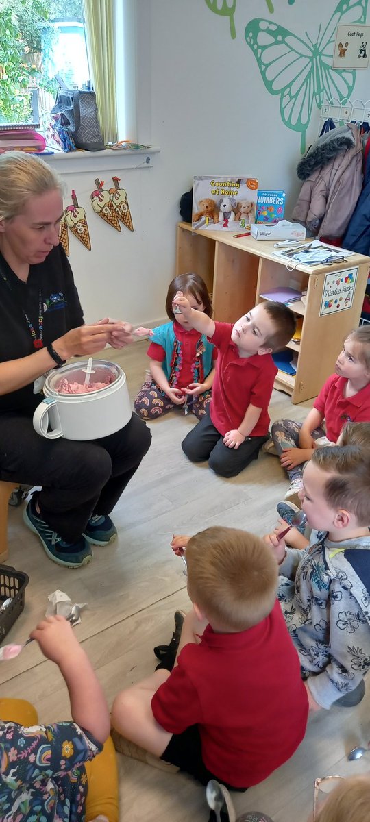 NewmilnsPS_ECC's tweet photo. The ECC children wanted to learn about icecream shops. Mrs Wilson made ice cream with a group and everyone had a try.Then Miss Carroll's dad brought his ice cream van to the centre! Thank you  Frank's Ices for letting us make our own tubs #community #kindness https://t.co/FYoDNxkAB8